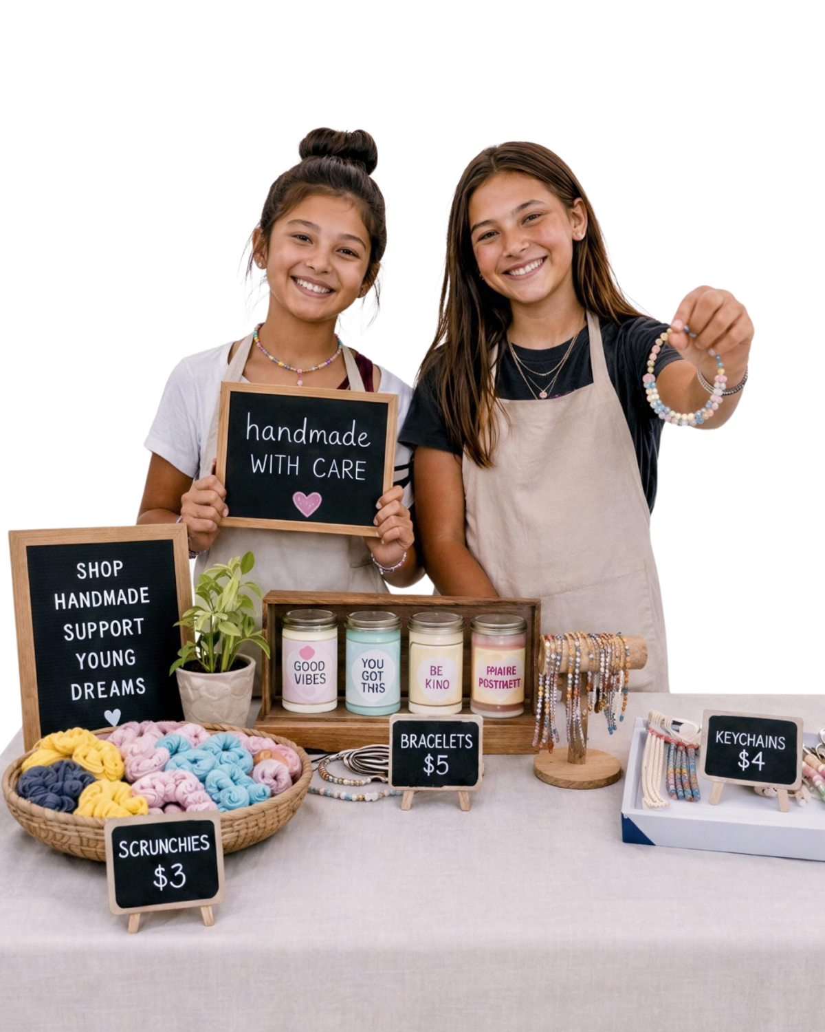 Young entrepreneurs at their market table with handmade goods