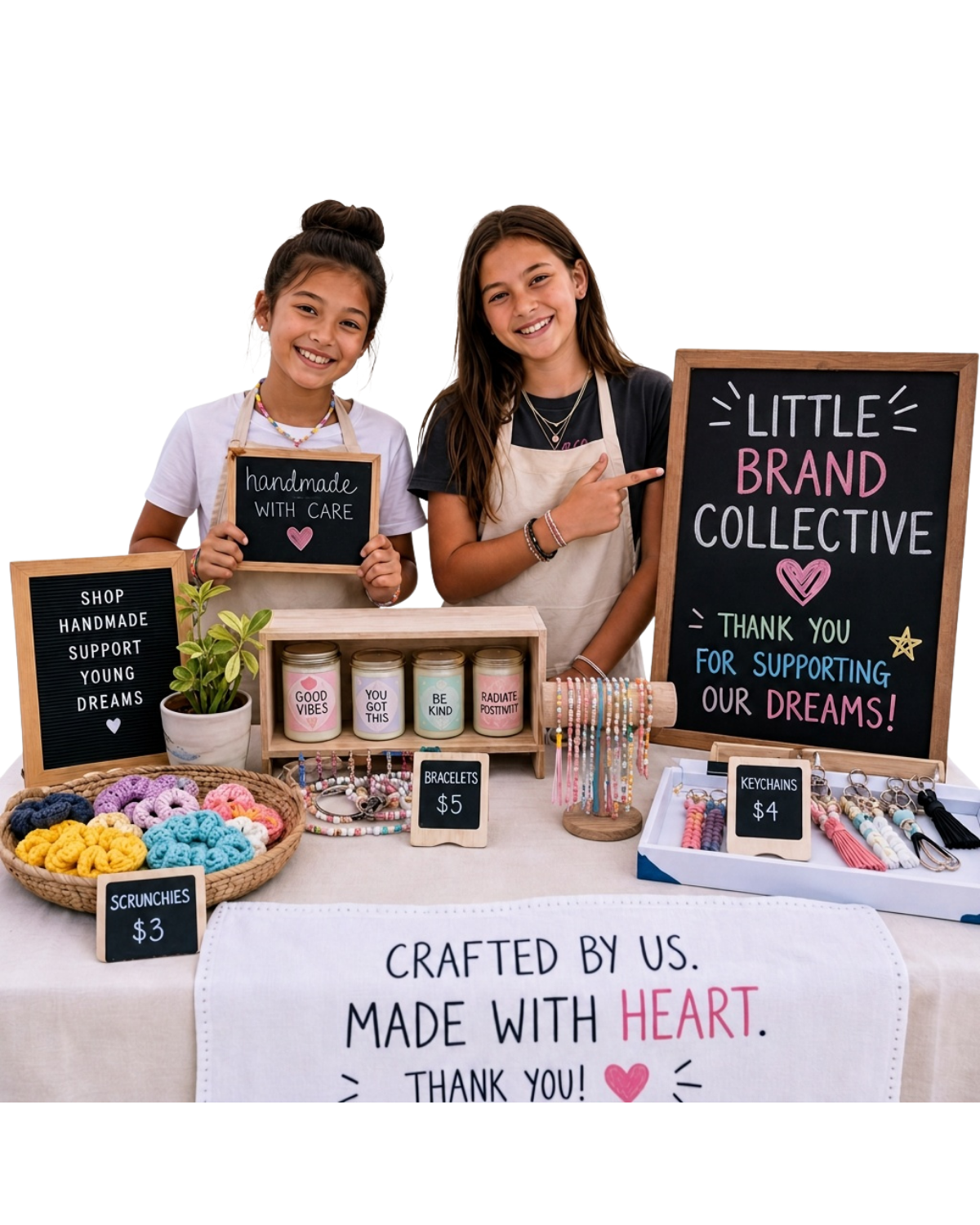 Young entrepreneurs with their handmade products and Little Brands Collective sign