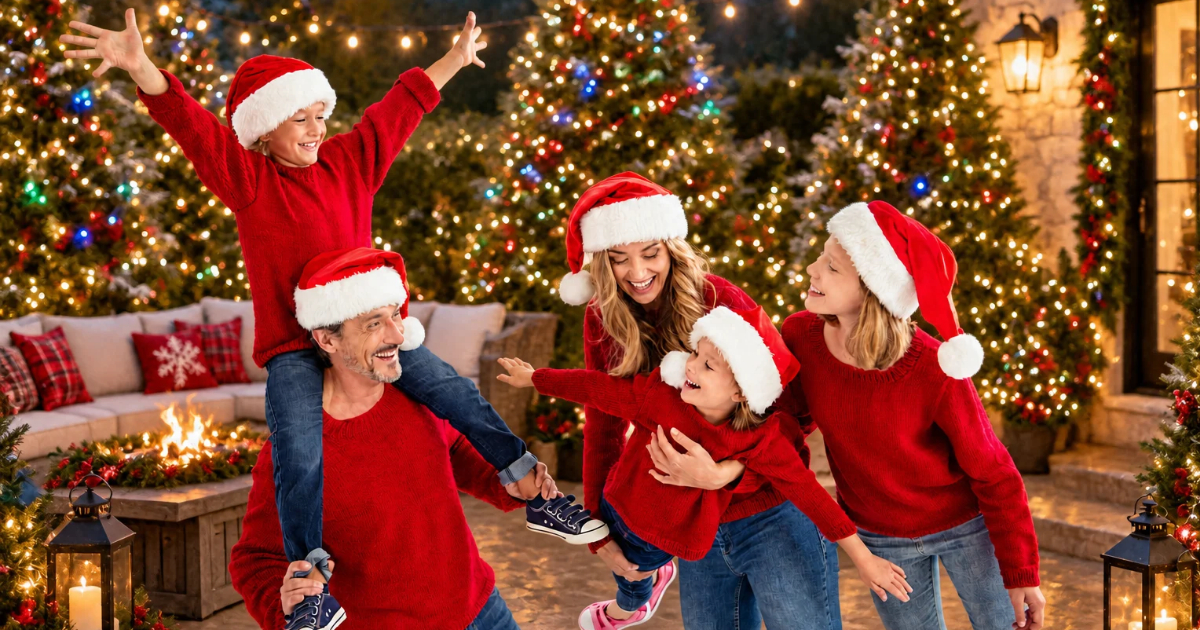 A family in Santa hats celebrating on a lit outdoor holiday terrace